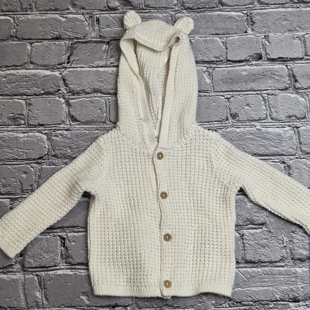 Carter's Baby White Knit Hooded Cardigan Sweater with Bear Ears 3 Months